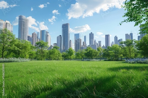 High Definition View of Vibrant City Park with Green Lawns and Surrounding Skyscrapers