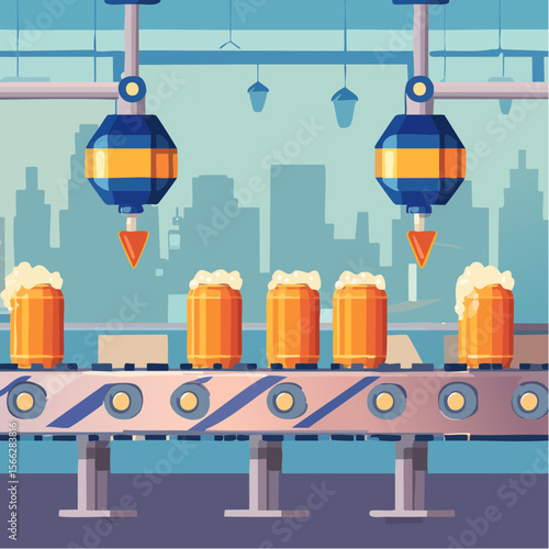 Automated beer production line with cans in factory setting
