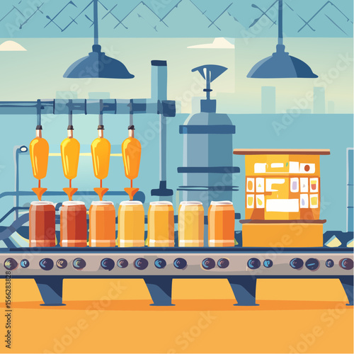 Automated beer production line with cans in factory setting