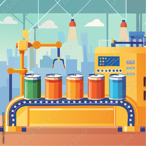 Automated beer production line with cans in factory setting