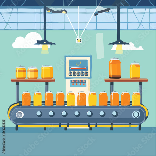Automated beer production line with cans in factory setting
