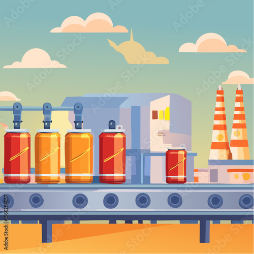 Automated beer production line with cans in factory setting
