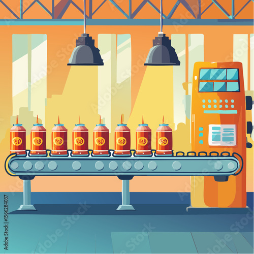 Automated beer production line with cans in factory setting
