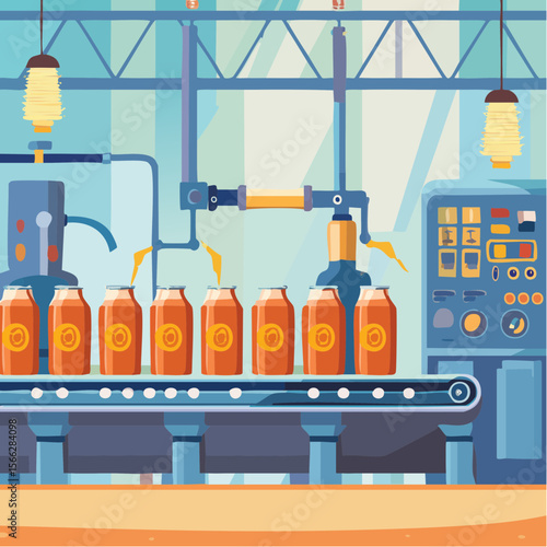 Automated beer production line with cans in factory setting