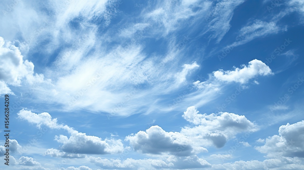 Obraz premium White clouds floating in a blue sky, showcasing high resolution, high quality, rich detail, sharp focus, and a distinct depth of field for clear, vivid natural scenery.