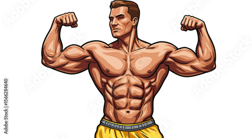 A powerful, muscular male bodybuilder confidently flexes his impressive biceps and chiseled abdominal muscles, showcasing strength and fitness.