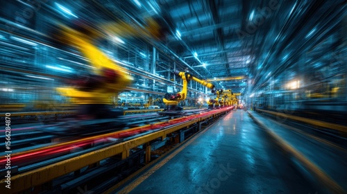 Automated industrial robotic arms on assembly line motion blur