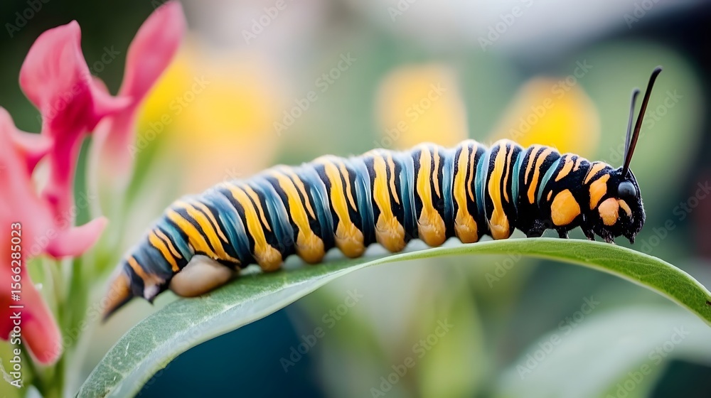 Fototapeta premium Vibrant Monarch Butterfly Caterpillar on Leaf