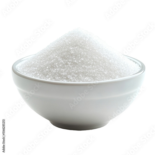Fine white sugar heaped in a pristine bowl set against a bright Transparent background for culinary use, sugar in white bowl isolated on PNG background