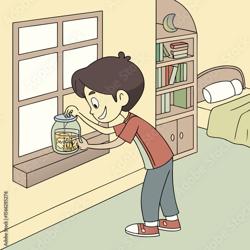 A boy placing a jar with plants and water on a windowsill near a window and a bookcase in a room