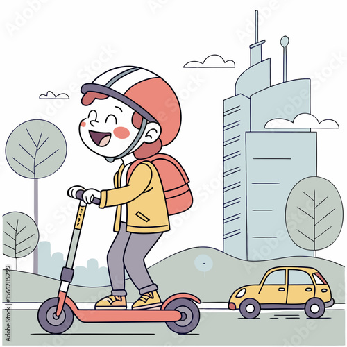 A young person riding a scooter in a city with a car and buildings in the background illustration