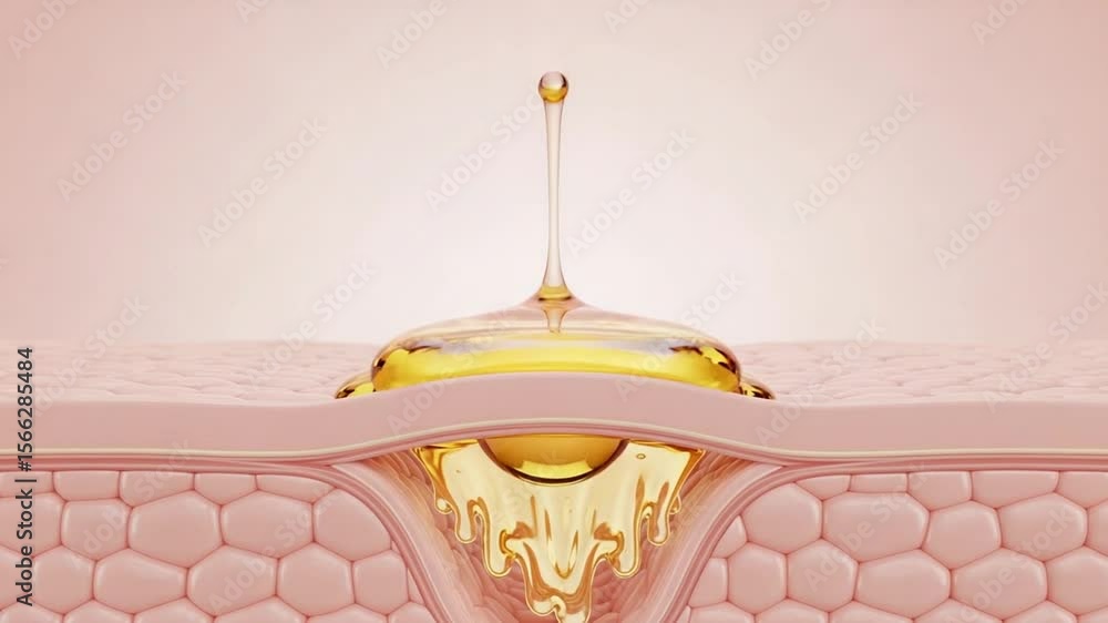 Golden Serum Droplet Penetrating Skin Layer With Microscopic Cellular Detail on Pink Background