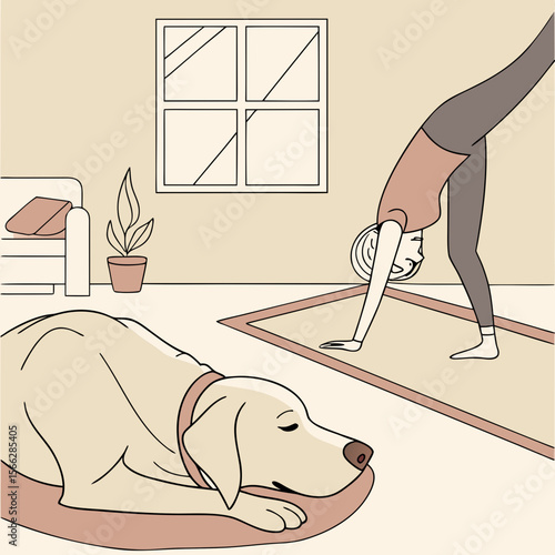 Woman performing yoga pose while dog sleeps nearby in a room with a window and simple furniture