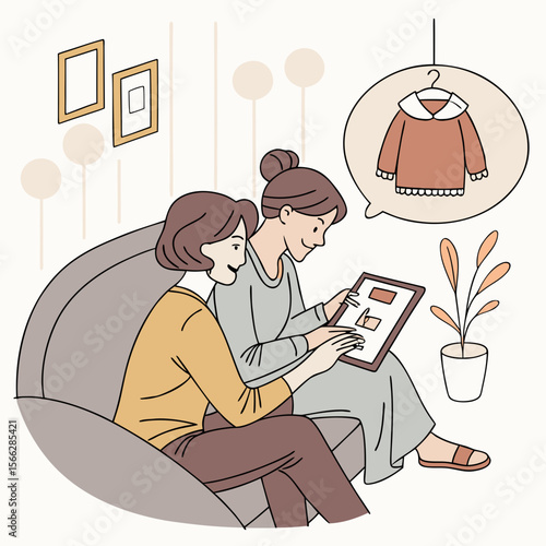 Two women looking at a tablet on a couch with a dress in a thought bubble and plant nearby inside