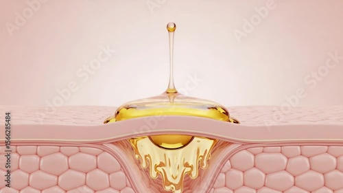 Golden Serum Droplet Penetrating Skin Layer With Microscopic Cellular Detail on Pink Background