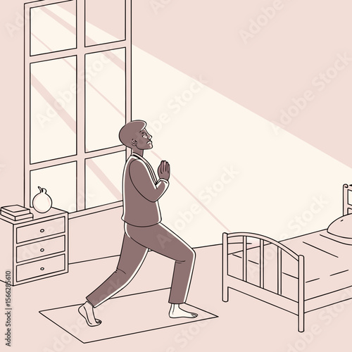 Illustration of a man in a suit doing yoga in a bedroom with a bed, window, and bedside table in the room
