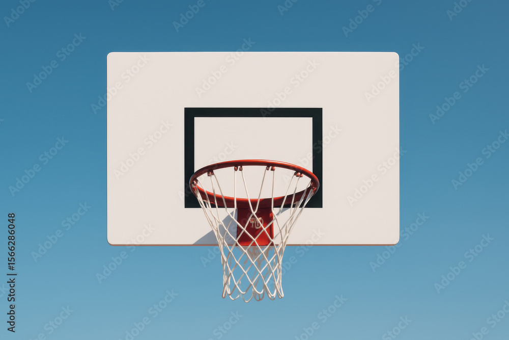 Basketball hoop hanging on backboard under blue sky on sunny day Basketball hoop hanging on backboard under blue sky on sunny day