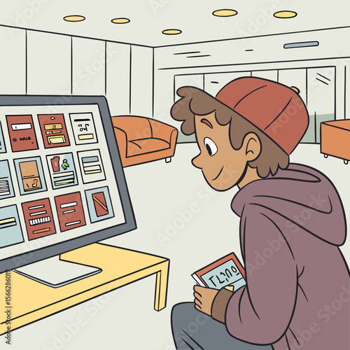 A person in a cap looking at a large monitor displaying various items in a brightly lit waiting area