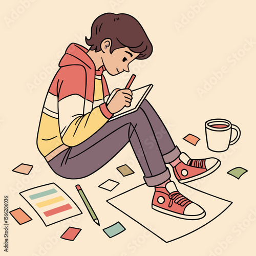 A young artist sitting on the floor drawing in a sketchbook with a pencil and a cup of coffee nearby