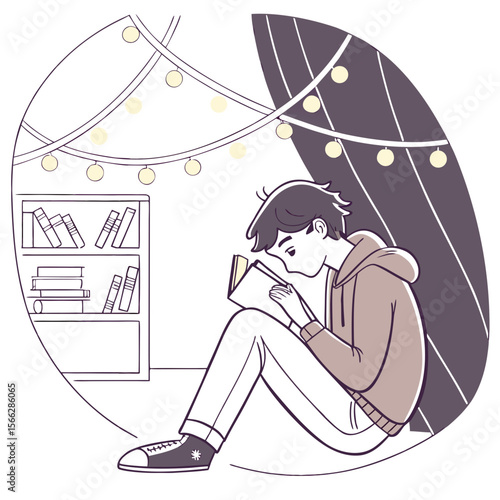 Illustration of a boy reading a book in a cozy nook with a bookshelf and string lights hanging above