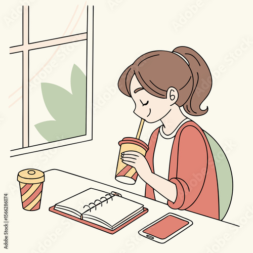 Girl drinking from a striped cup while sitting at a desk with a notebook and phone near a window