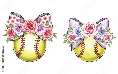 Cute Softball with Rose Bouquet - Girly Sporty Graphic