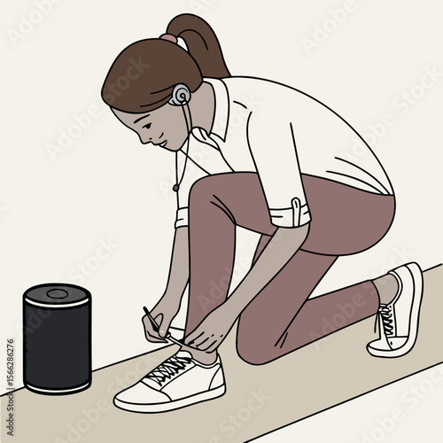 A woman kneeling to tie her shoelaces with a black cylindrical object next to her on the ground near her
