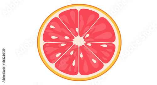 A vibrant, juicy pink grapefruit slice is perfectly cut in half, showcasing its fresh segments and seeds on a clean white background.