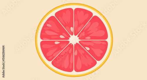 A vibrant, juicy half-slice of a pink grapefruit with its yellow rind is centrally placed on a light, neutral background, showcasing its fresh citrus segments.