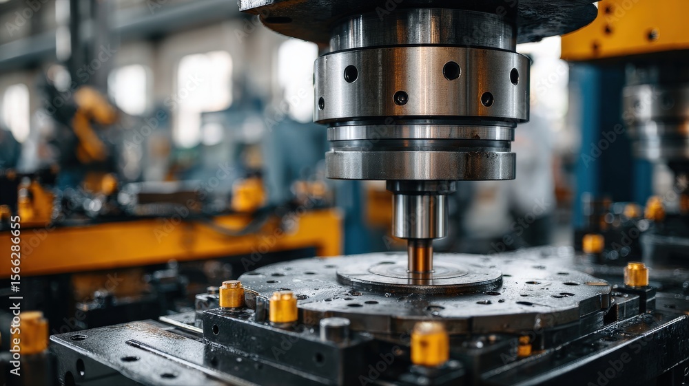 A detailed shot of a hydraulic press or other powerful industrial machinery in action, conveying force and precision A detailed shot of a hydraulic press or other powerful industrial machinery in action, conveying force and precision