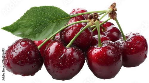 Wallpaper Mural A cluster of glistening, ripe cherries, adorned with a vibrant green leaf, isolated on transparent background. Water droplets enhance their rich red color, creating a visually appealing image.
 Torontodigital.ca