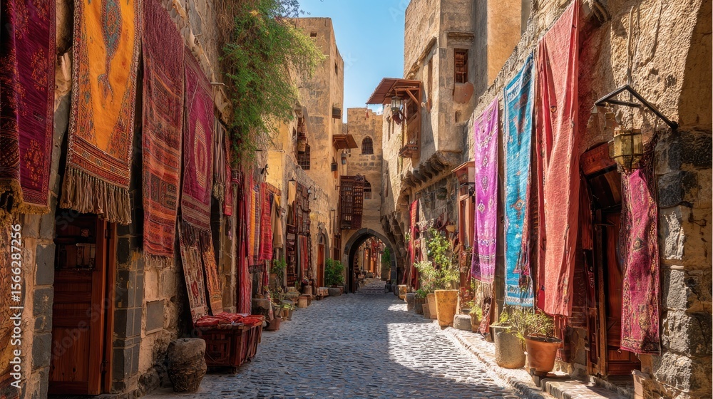 Fototapeta premium Vibrant Textile Market in a Stone City