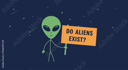 A curious green alien character holds a thought-provoking sign asking 'Do Aliens Exist?' against a dark, starry cosmic background, sparking wonder about the universe.