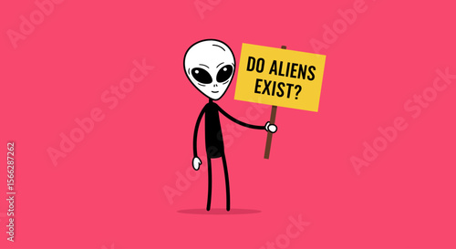 A curious cartoon alien with large dark eyes stands against a vibrant pink background, holding a yellow sign asking "DO ALIENS EXIST?".