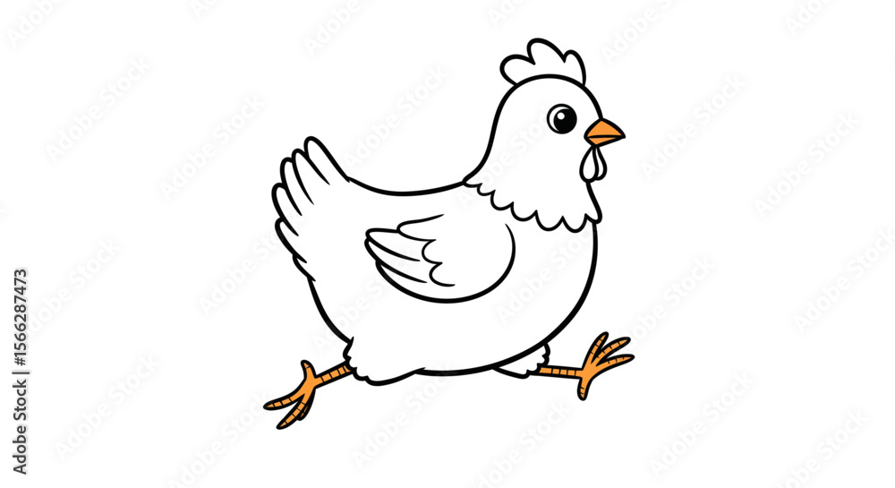 Obraz premium A cute cartoon white chicken with an orange beak and legs is depicted walking or running against a clean white background, perfect for children's designs.