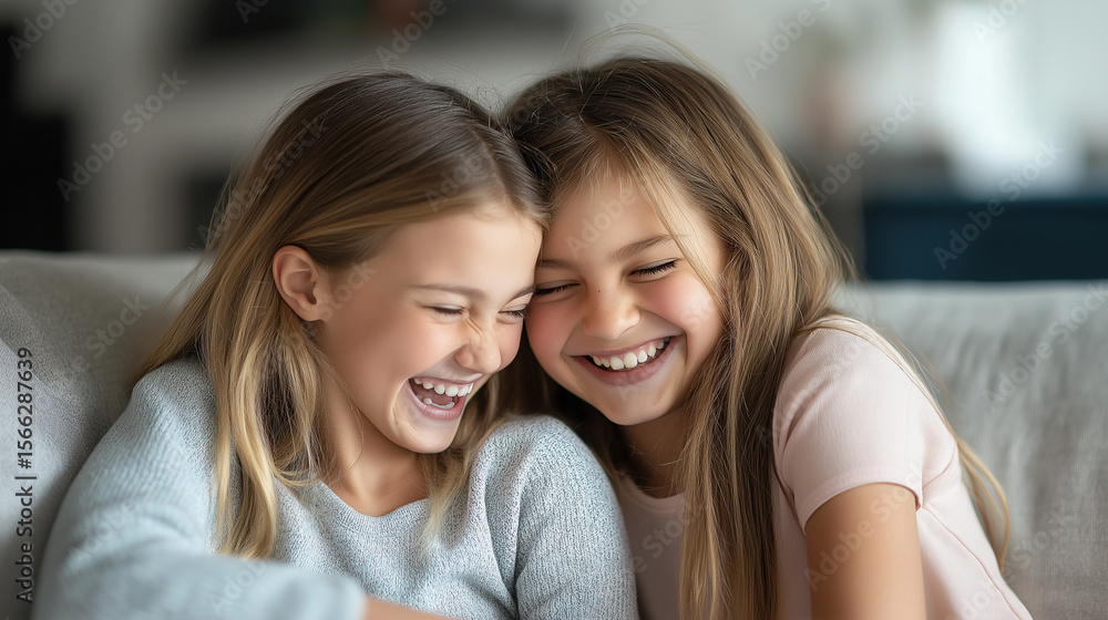 Fototapeta premium Two laughing girls sitting close together on couch indoors