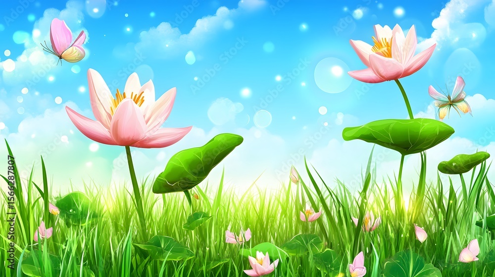 Fototapeta premium Vibrant Pink Lotus Flowers in Sunny Meadow with Butterflies