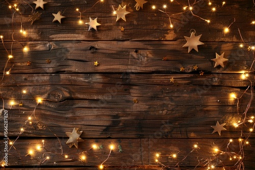 Flawless Picture of Christmas Image with Garland of Lights and Stars on a Wooden Background