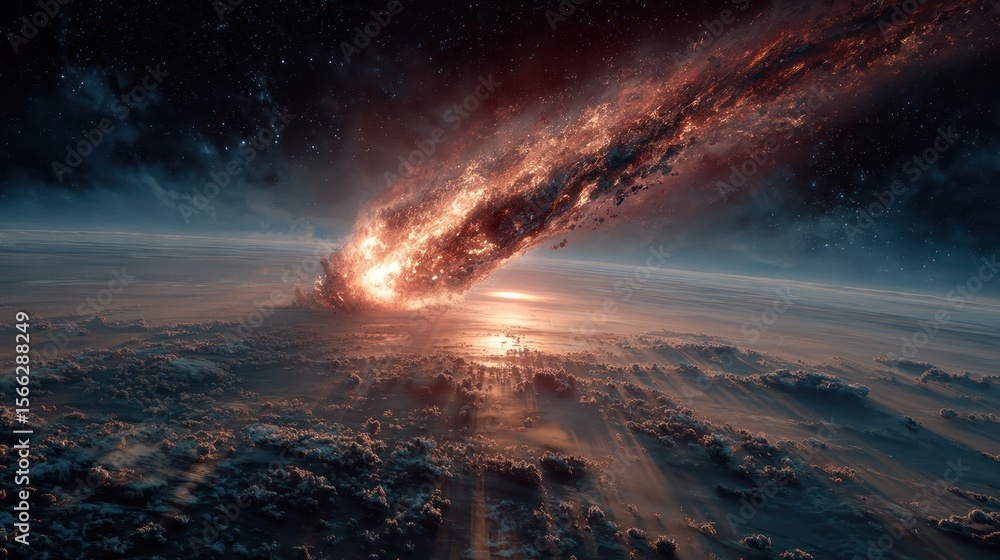 Obraz premium Fiery meteor approaching planet cosmic impact space explosion