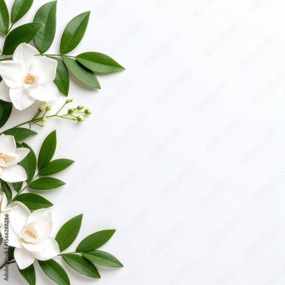 Fototapeta premium White magnolia flowers and green leaves on white background top view flatlay