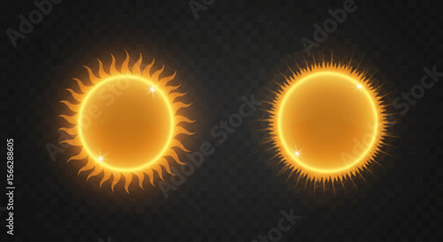 Two vibrant glowing suns with distinct fiery coronas illuminate a dark, transparent background, ideal for celestial and energy concepts.