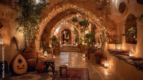 Warm-lit Cave Interior with Oud and String Lights