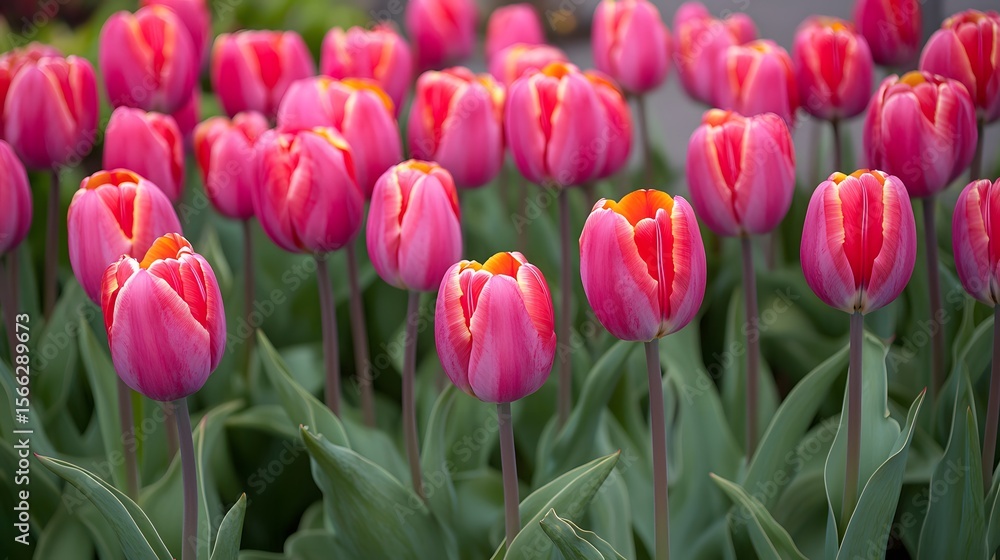 Fototapeta premium Vibrant Pink and Orange Tulips Field Spring Blossom