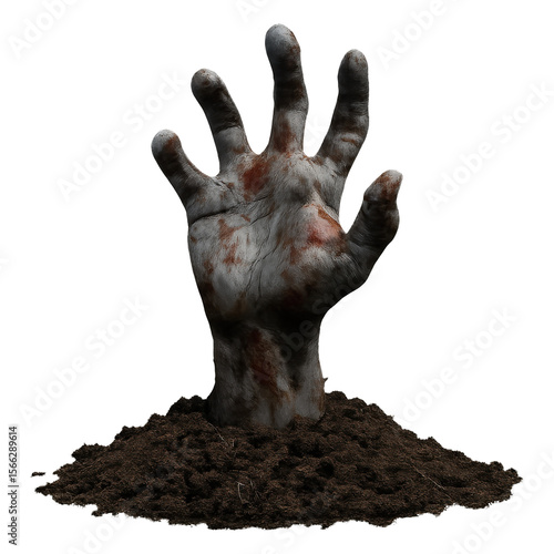 Real photo of zombie hand coming out of soil with transparent background