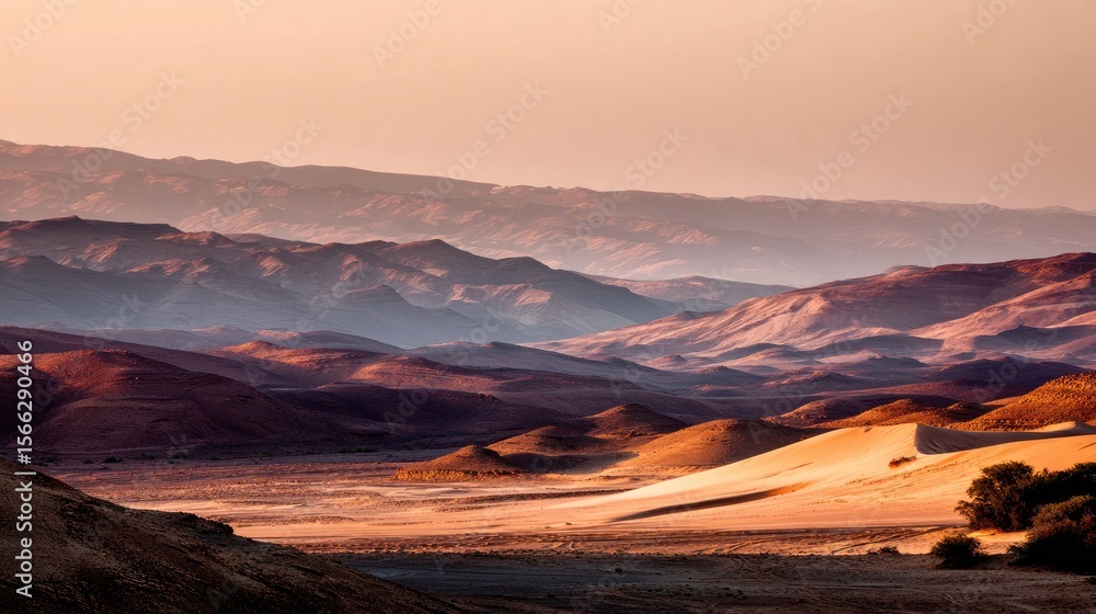 Naklejka premium Warm Sunset Hues Over Vast Desert Landscape