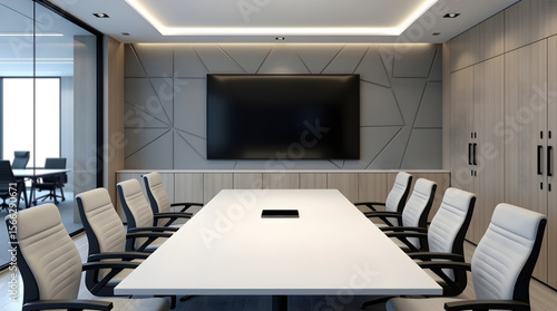 Modern conference room with white rectangular table surrounded by eight ergonomic chairs and flat screen television