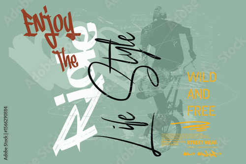with bicycle illustration art tees, Just ride slogan graphic, graffity bicycle sloganTee, t shirt graphics print vector illustration design, Urban typography hipster street art for graphic tees.eps8