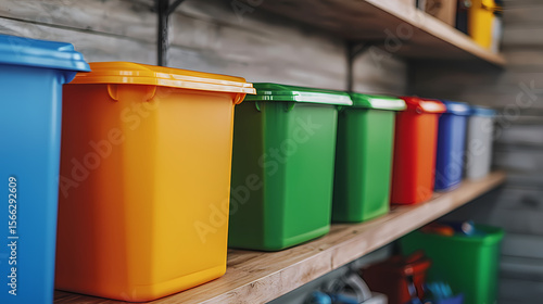 Colorful recycling bins neatly arranged on wooden shelves in a storage area, promoting organized waste separation and environmental responsibility.