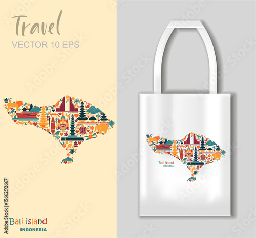 Colorful vector map of Bali with traditional culture icons animals temples and nature in flat style. Includes tote bag mockup. Perfect for travel prints souvenirs tourism gifts and Indonesian design p