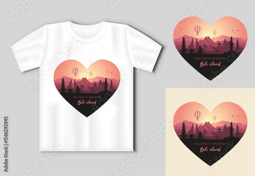 Romantic Bali island sunset landscape vector in heart shape with realistic t shirt mockup perfect for travel prints souvenirs gifts and Indonesian design projects